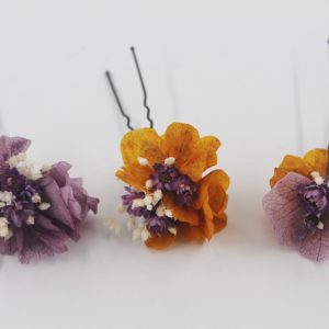 3 Horquillas de flores preservadas tonos caldera y malva