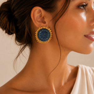 Pendientes Girasol Dorados con Cristales Azul Zafiro | Joyería Elegante
