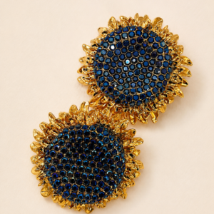 Pendientes Girasol Dorados con Cristales Azul Zafiro | Joyería Elegante